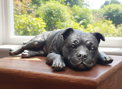 Staffordshire Bull Terrier Wooden Cremation Urn For Ashes In Bronze or Pewter effect