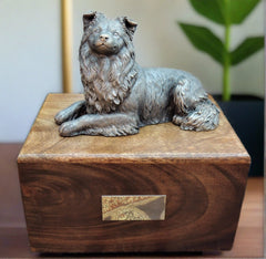 Border Collie Dog Wooden Cremation Urn For Pet Ashes in Bronze or Pewter Effect