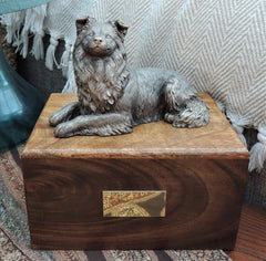 Border Collie Dog Wooden Cremation Urn For Pet Ashes in Bronze or Pewter Effect