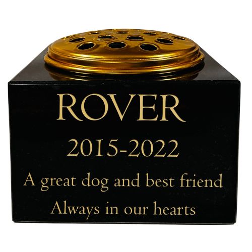 Granite Memorial Vase for Pet- Dog -Rectangle Shape – 6x6x4" - with Gold Metal Flower Insert